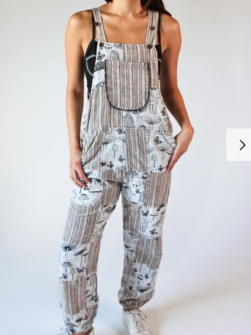 Rising International Striped Patchwork Mushroom Print Overalls - Beige & Black